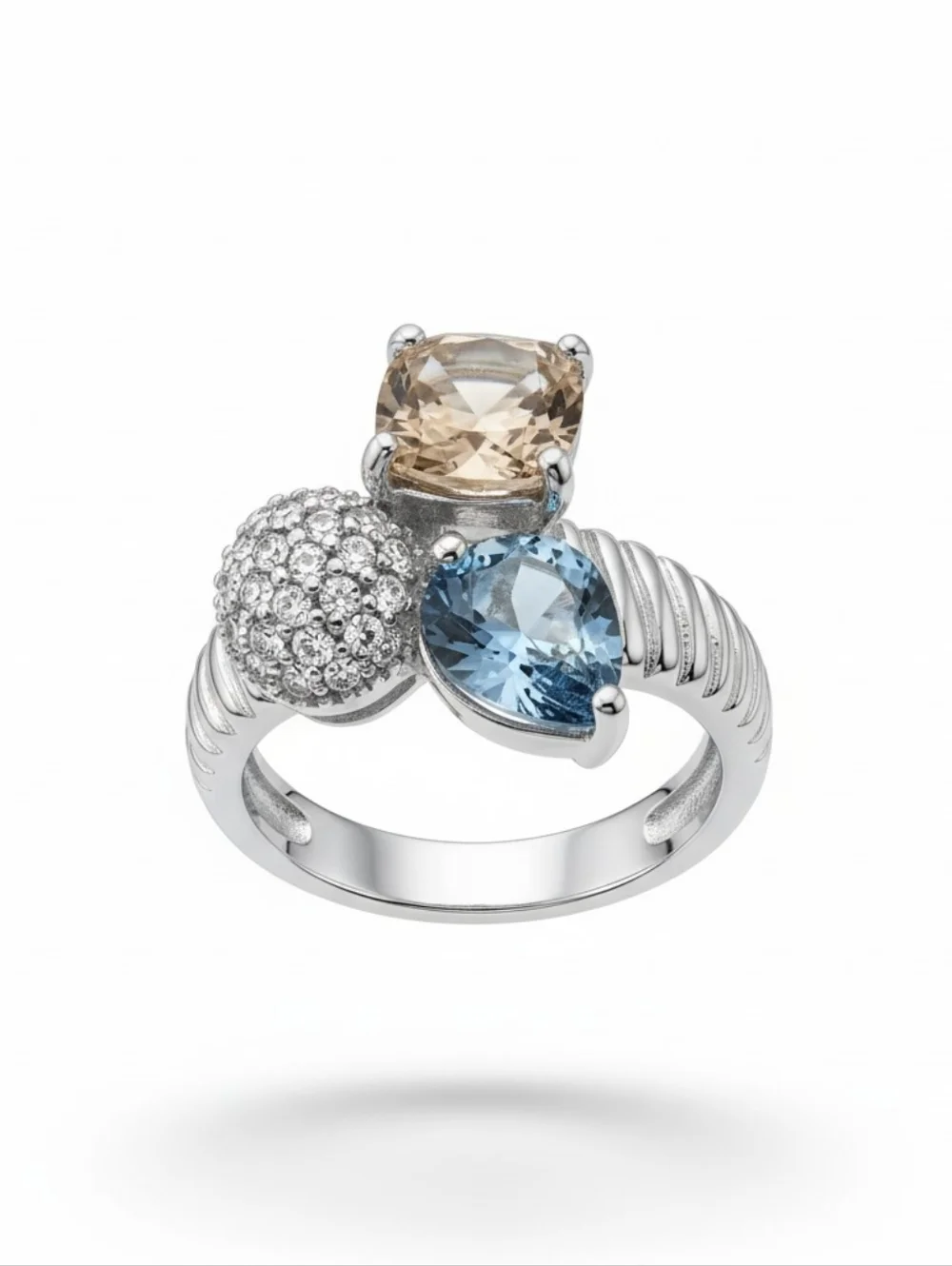 NWT EYE CANDY BRASS Multi-Stone Cocktail Ring with Blue and Champagne Stones - Picture 3 of 6